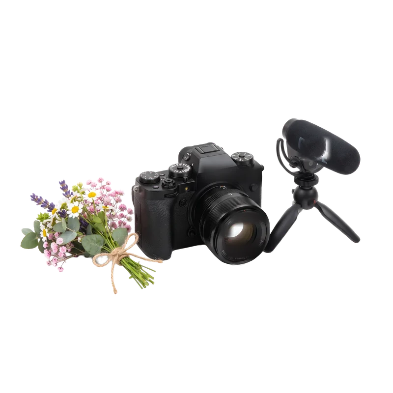 Kamera, Mikrofon und Blumen