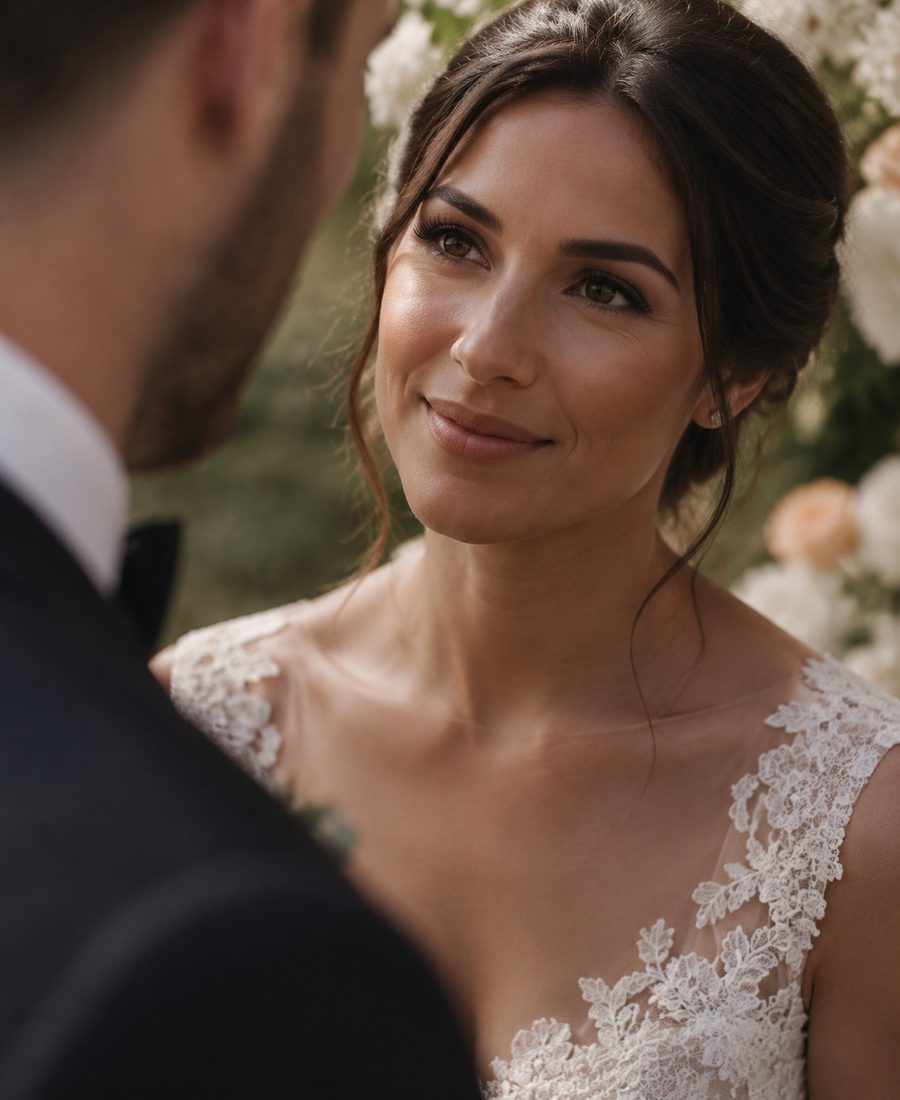 Braut in Spitzenkleid, Nahaufnahme
