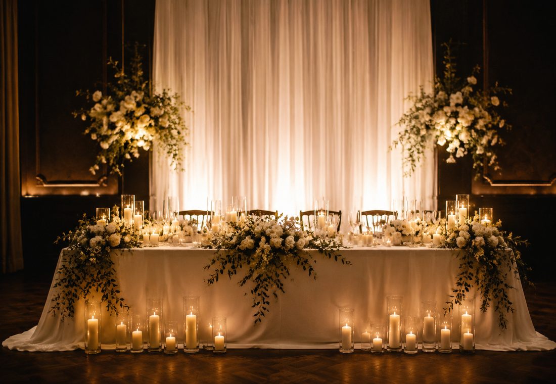 Brauttisch mit weißem Vorhang und Blumendekoration